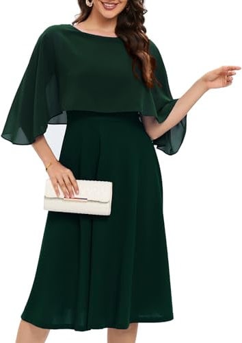 Fynadressr Women Cape Dress with Chiffon Overlay Cocktail Party Wedding Guest Formal Dresses Dark Green M