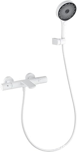 JQFDD Robinet de Baignoire avec 3 Modes Douchette à Main, Blanc Thermostatique Mitigeur de Baignoire Laiton Mitigeur de Douche Montage Mural Robinet de Douche avec Tuyau 1.5M