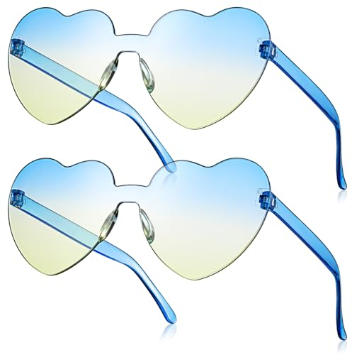 Fiada 2 Paar Herz Sonnenbrillen Herzförmige Brillen Lustige Partybrillen für JGA Hochzeit Fasching Kostüm Farbige Randlose Sonnenbrillen für Frauen (Klassisch, Blau)