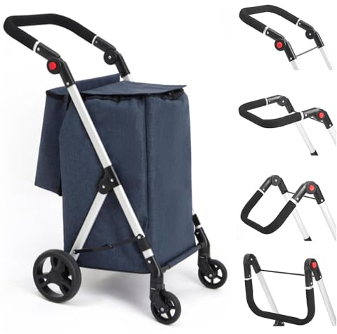 LEUYA ABC Carros de Compra (Azul) | con Bolsillo para Congelados, 46L Carro de la Compra de 4 Ruedas, Carrito Compra Plegable de Aluminio