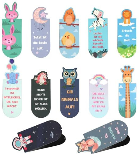 Magnetische Lesezeichen für Kinder - 12 Stück Süße Tiere Mit Sprüchen Über das Lesen - Mitgebsel für Kindergeburtstag (Style 1)