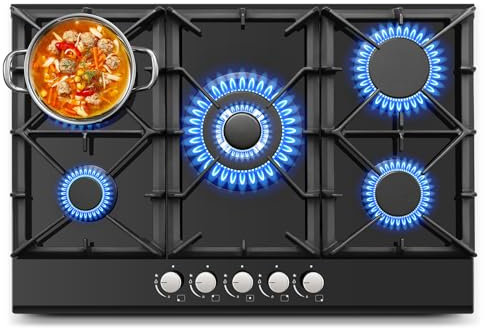 Amzgachfktch Piano cottura a gas da 30 pollici, piano cottura a gas con pannello in vetro temperato nero