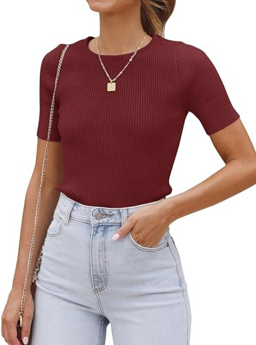 Cuptacc T-Shirt Damen Kurzarm Rundhalsausschnitt Oberteile Gestrickt Tee Tops Weinrot,Klein S 32-36
