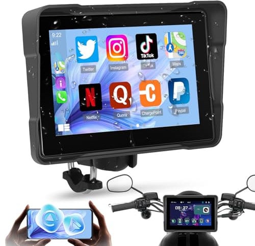 Pantalla Carplay Portátil para Moto, CarPlay Inalámbrico y Android Auto para Moto, Pantalla Táctil Impermeable IP67 de 5 Pulgadas para Motocycle, Bluetooth Dual, Soporta EQ, GPS
