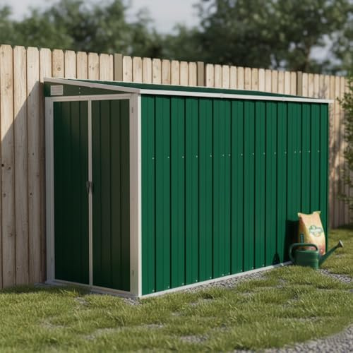 Abri de Jardin adossé Vert, 118 x 288 x 178 cm, en Acier galvanisé, avec Plancher, Fixation Murale, pour Outils et équipements de Jardin.
