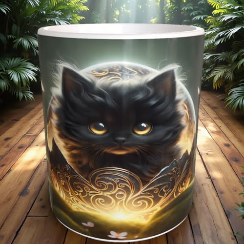 Fantasy Kitten Tasse mystische Katze leuchtendes Ei Zauber Tiermotiv Geschenkidee Kaffeetasse Illustration Märchen Katze magisch Lichtmotiv Tierbecher Tasse 330ml Kollegen Freunde cup mug