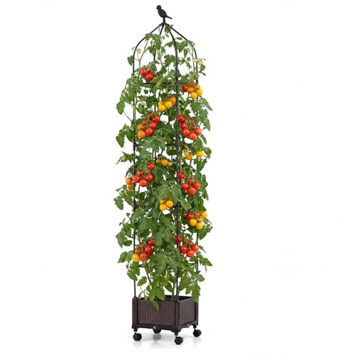 GOPLUS Rankgitter mit Blumenkasten, Pflanzkasten mit Rollen & Rankhilfe, höhenverstellbarer Pflanzturm 95-200 cm, selbstbewässernder Garten Obelisk, Hochbeet für Kletterpflanzen, Tomaten & Blumen