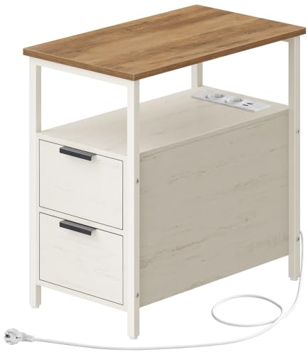 VASAGLE Beistelltisch, Nachttisch mit Steckdosenleiste, 2 Schubladen | Sofatisch, Nachtschrank für Wohnzimmer, Schlafzimmer, Rustikales Weiss und Honigbraun, BARNET Kollektion LET325W101