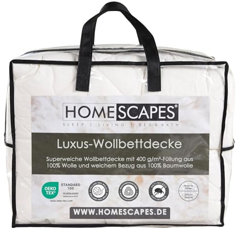 Homescapes Schwere Bettdecke Schafwolle 260x220 cm, Herbst/Winter-Bettdecke mit Wollfüllung & Baumwollbezug, Wollbettdecke mit 400 GSM Füllung, Oeko-TEX Standard 100