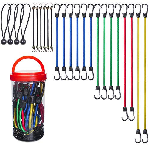 EFFICERE 24-Piece Premium Bungee Cord Assortment in Storage Jar - Includes 10”, 18”, 24”, 32”, 40” Bungee Cords and 8” Canopy/Tarp Ball Ties