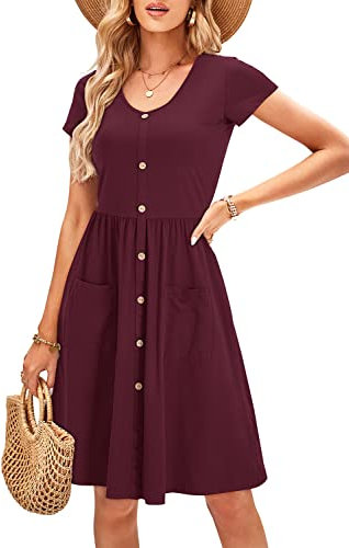 OUGES Sommerkleid Damen Kleider Kurzarm V-Ausschnitt Midi Kleid Knopfleiste Knielang Freizeitkleid mit Taschen(Dunkelrot395, M)