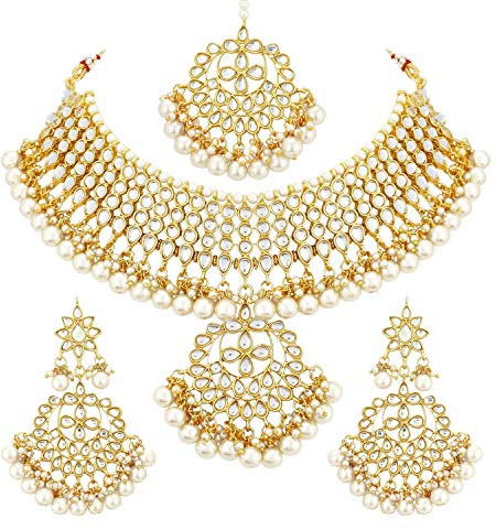 Aheli Kundan Pearls Necklace Earrings Maang Tikka Set Indian Traditional Ethnic Wedding Wear Bharatanatyam jewellery set Gift for Women