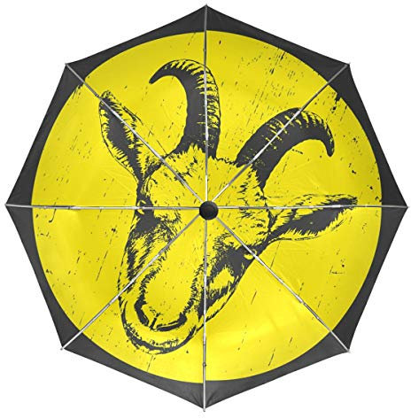 Wamika Automatischer Regenschirm mit Ziegenmotiv, Schwarz/Gelb, Winddicht, wasserdicht, UV-Schutz, Reise-Regenschirm – 3 Falten, automatisches Öffnen/Schließen, für Sonne und Regen