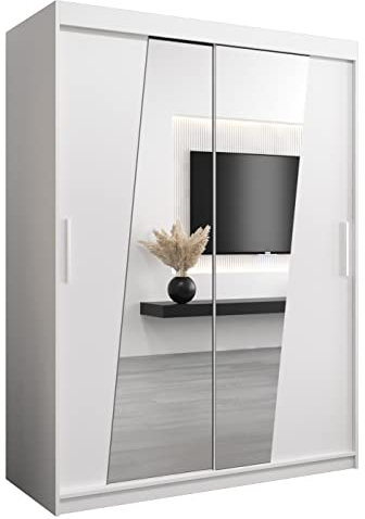 MEBLE KRYSPOL Rhomb150 Schlafzimmerschrank mit Zwei Schiebetüren, Spiegel, Kleiderstange und Regalen – 150x200x62cm - Mattweiß