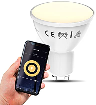 B.K.Licht - Smart Home LED Lampe GU10 smart via App- und Sprachsteuerung, warmweiße Lichtfarbe, 5,5 Watt, 350 Lumen, Glühbirne, Leuchtmittel, LED Birne, Glühlampen, Bulb, 5x5,6 cm, Weiß
