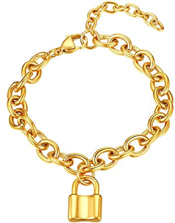 FindChic Damen Panzerkette Armskette mit Schloss Anhänger Armband in Schlossform Mädchen Armbänder Freundschaftsarmband mit Geschenkebox für Geburtstag