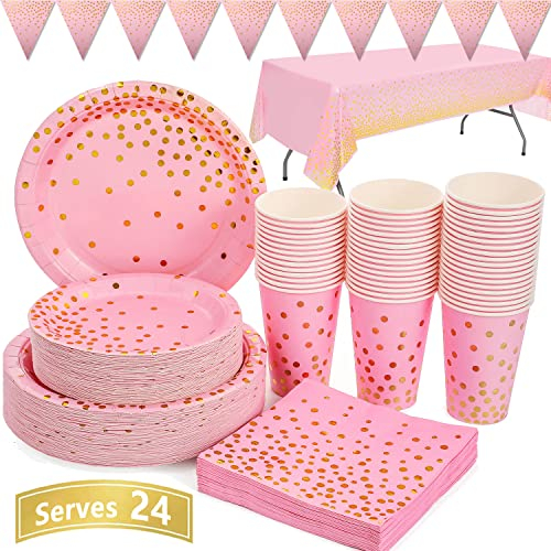 Pink und Gold Partygeschirr 99 Stück Golden Dot Partyteller Set Enthält Pappteller, Servietten, 9-Unzen-Tassen, Tischdecke, Banner, für Bachelorette, Mädchengeburtstag, Babyparty, Severs 24