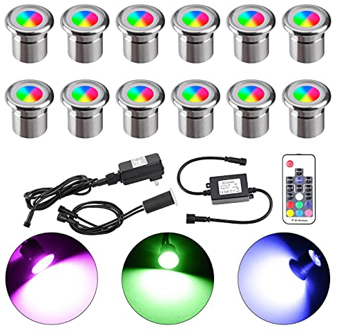 YZGWZLD Terrassen Einbaustrahler Terrassenbeleuchtung 12er Set LED Bodeneinbaustrahler RGB 28mm 0.6W IP67 wasserdicht für außen innen Garten Holzbrücke Pool Holzdeck inkl. 12V mini Einbauspots