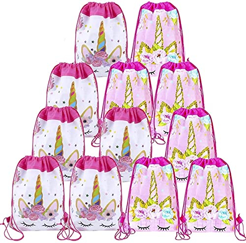 LATERN 12 Stück Einhorn Kordelzug Partytüten, 2 Stil Partybedarf Geschenktüte Rucksäcke Süßigkeiten Schokolade Paket Taschen für Kinder Geburtstagsparty Baby Shower - 34,5 x 28,5 cm