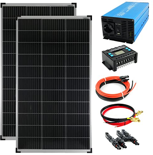 solartronics Komplettset 2x140 Watt Solarmodul 1000 Watt TS1000 reiner Sinus blau Spannungswandler Laderegler Kabel Photovoltaik Inselanlage