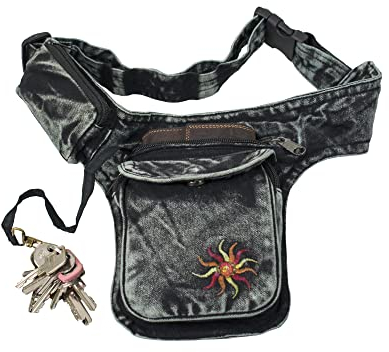 Bauchtasche Gürteltasche Hüfttasche Festivaltasche Sidebag Hippie Goa Stone-Washed Traumfänger Sonne Schlüsselband Nepal (Sonne-Grau)