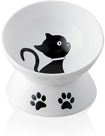 Sweejar Home Raised Cat Bowl - Ceramic Elevated Pet Bowl, Protects Cat's Spine, Stress-Free Slanted Design, 295 ml, Dishwasher Safe (White)