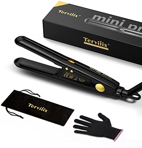 Plancha para Cabello Mini Terviiix, Ideal para Cabello Corto, con Ajustes de Calor Variables, de Cerámica Turmalina y Doble Voltaje. Plancha Mini con Bolsa, Apagado Automático, Negro.
