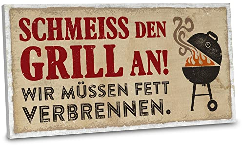 ARTFAVES® Gartenschild - Schmeiss den Grill an | Shabby Chic Vintage Gartendeko, Schild mit Spruch zum Thema Garten/Grillen | Größe: 30 x 15 cm