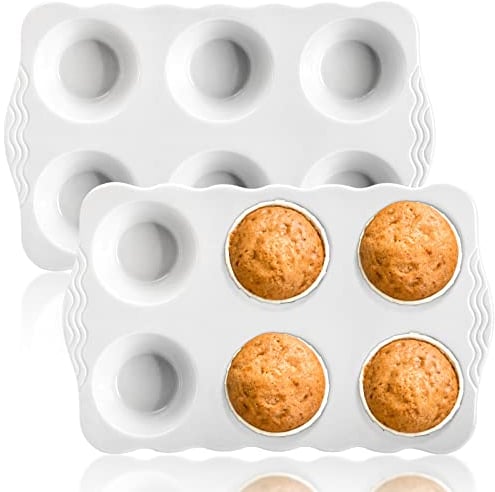 Hiceeden 2 Pack Ceramic Muffin Pans, 6 Cups Non-stick Muffin Tin Cupcake Baking Pans with Handles for Muffin Cakes, Egg Tarts, Mousse, Pot Pie, Jelly