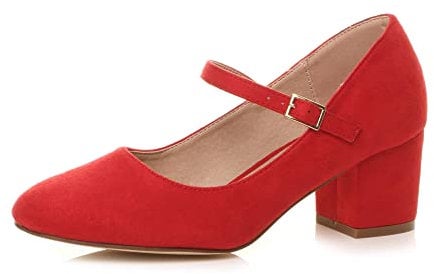 AJVANI Womens Ladies mid Block Heel Strap Work Evening Party Mary Jane Court Shoes Size 5 38 Red Suede