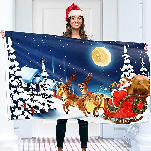 Drapeau du Père Noël traîneau – Toile de fond « Merry Christmas Party » 1,5 x 0,9 m avec œillets – Polyester épais 110 deniers – Impression numérique – Double couture
