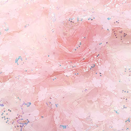 130cmx2 Yard Bestickter 3D-Pailletten-Blumen-Mesh-Stoff, Tüll Stoff für Hochzeit Geburtstag Weihnachten Fest Kommunion Party Deko,Nähen von Brautschleiern Hochzeitskleid Tischläufer Tutu Röcken,Rosa