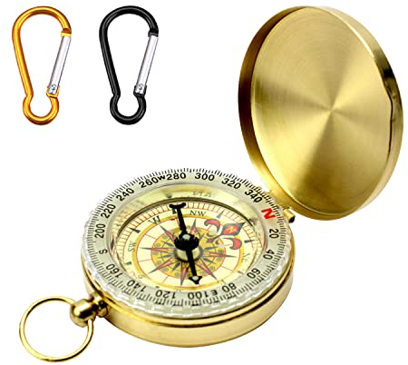 1 stück goldene Kompass-Taschenuhr mit 2 Stück Karabiner (schwarz und orange), Outdoor-Richtungskompass aus reinem Kupfer, leuchtende Kompass-Taschenuhr, zum Bergsteigen und für andere Aktivitäten