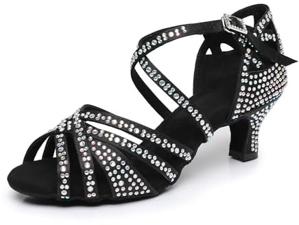 Rosefinch Scarpe da Ballo Latino da Donna con Strass Fondo Morbido Modern Pole Dance Ballroom da Sposa Scarpe Latine Regolabili per Ragazze Signore Nero 5cm Tacco 38 EU