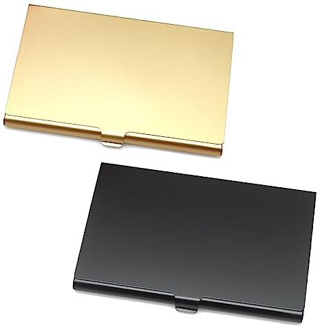 Fezf Lot De 2 Porte-Cartes De Visite, Etui Carte De Visite,Porte Carte De Visite, Porte-Cartes De Visite En Alliage d'Aluminium, Porte-Cartes De Visite Pour Hommes Et Femmes (Noir + Or)