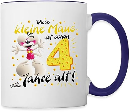 Spreadshirt Diddl Maus 4. Geburtstag Tasse, Weiß/Kobaltblau, 325 ml, Keramik, Henkel, Tasse