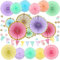 Reusble Pastel Rainbow Party Decorations for Birthday Parties, Weddding Decor 19pcs Hanging Paper Fans, Pom Poms Flowers, Garlands String Polka Dot and Triangle Bunting Flags by Wonsta