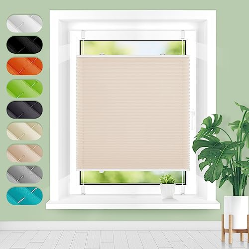 Homland Plissee ohne Bohren Klemmfix B75 x H110 cm Creme, Plissees für Fenster und Tür, Jalousie Easyfix Plisseerollo mit Klemmträger Sonnenschutz und Sichtschutz lichtdurchlässig Rollo