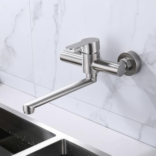HomeLava Wasserhahn Küche Wandmontage mit Schwenkarm 23cm, 360° Drehbare Wandarmatur Einhebelmischer Küchenarmatur Spültischarmatur, Edelstahl Gebürstet