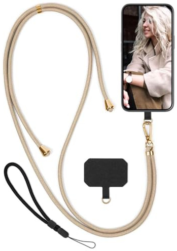 moex Unleash für Fairphone 5 Handyband zum Umhängen ohne Hülle, Handykette Universal mit Karabiner, Handy Band abnehmbar, Kette mit Pad für Handyhülle, Beige, Gold