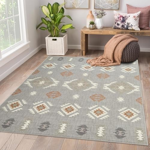 AMEHA Rugs Living Room Large 200x290 cm - Cream Grey Rug for Bedroom (Nova) | Easy Clean Non Slip Modern Carpet Non Shedding Geometric Style Tribal Pattern Durable Soft Low Pile Large Rug for Kids Room