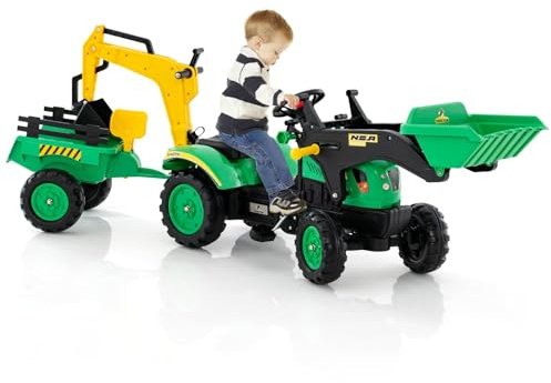 RELAX4LIFE Trattore per Bambini 3 in 1 3-6 Anni con 2 Benne Regolabile e Rimorchio Staccabile con 6 Ruote, Carico Bulldozer 35 kg (VERDE)