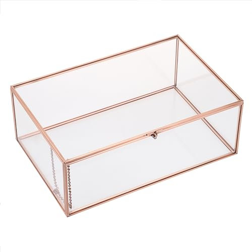 Hipiwe Vintage-Glasbox mit Deckel – rechteckige Schmuck-Display-Box mit Deckel, Glas-Schmuck-Organizer, rotgoldene dekorative Boxen für Andenken, Parfüm, Größe XL
