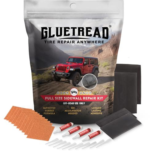 GlueTread - Kit de reparación de neumáticos de pared lateral de tamaño completo de 4 x 4 | Kit de reparación de pinchazos para vehículos todoterreno 4x4 | Fórmula de goma mejorada que no necesita