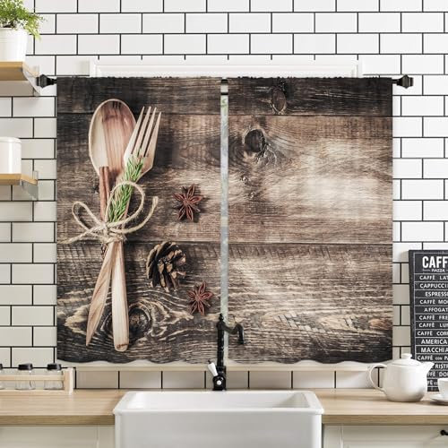 Miyotaa Tende per finestre da cucina in legno rustico in legno 2 pannelli 27,5 L x 39 H tasca per asta country vintage rurale cucchiaio forchetta piccola decorazione porta corta bagno tendaggi