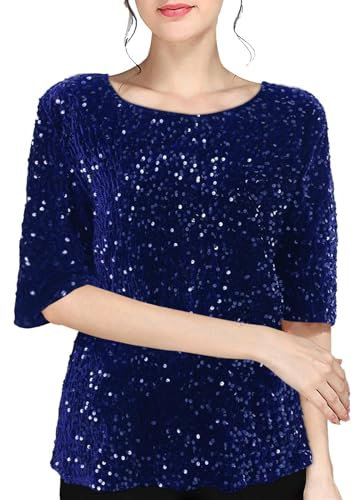 Sequin Blouse for Women UK Shimmer Glitter Shirts Sparkle Tops 3/4 Sleeve Crew Neck Tshirts Loose Fit Elegant Tee Shirt Party Club Casual Soft Comfy Tunic Top Ladies Plus Size 8-18 Dark Blue