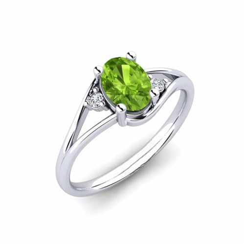 Sterling Silber 925 Peridot Oval 7x5mm Drei Stein Ring mit Rhodinierung | Wunderschöner Design Ring mit drei Steinen für Damen und Mädchen (65)