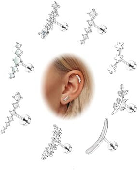 YADOCA 8Pcs 16G Helix Piercings für Damen Chirurgenstahl Tragus Ohrring Opal CZ Leaf Bar Ohr Piercing Ohrringe Conch Daith Tragus Piercing Schmuck Silber