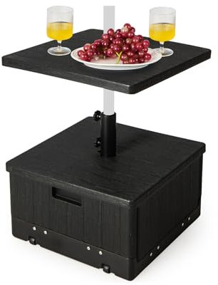 RELAX4LIFE Base de Parasol avec Table Basse Carrée Extérieure 3-en-1, Pied de Parasol en Métal + Table d'appoint avec Trou pour Parasol, Remplissable d'eau 45L et de Sable 67KG pour Patio, Jardin