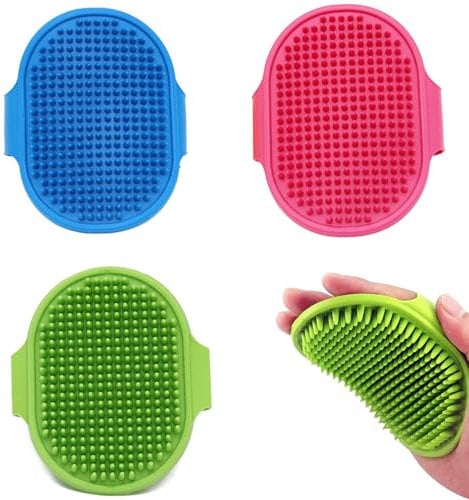 4-in-1 Dog Grooming Brush - Rubber Pet Groom Mitt, Hair Fur Massage Comb, Bath and Shower Brush With Adjustable Strap - Gentle Grooming for Dogs & Cats With Long/Short/Curly Hair (3Pc)